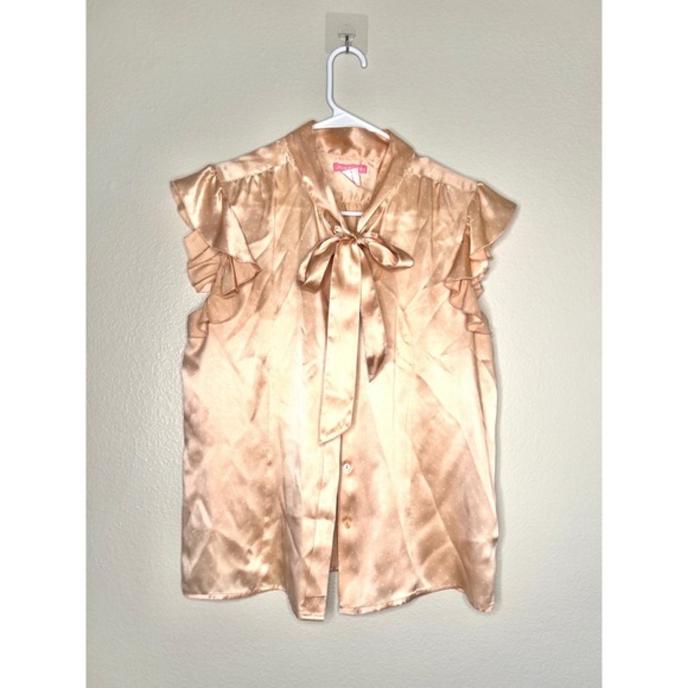 Pixie‎ Hopkins Silk Polka Dot Bow Blouse Top XL Ruffle Sleeve Peach